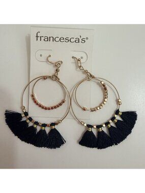 Francesca’s Gold Tone Dangle Double Beaded Hoop Black Thread Tassel Earrings